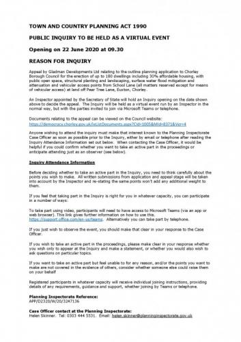 Planning Inquiry for fields off School Lane - meeting details